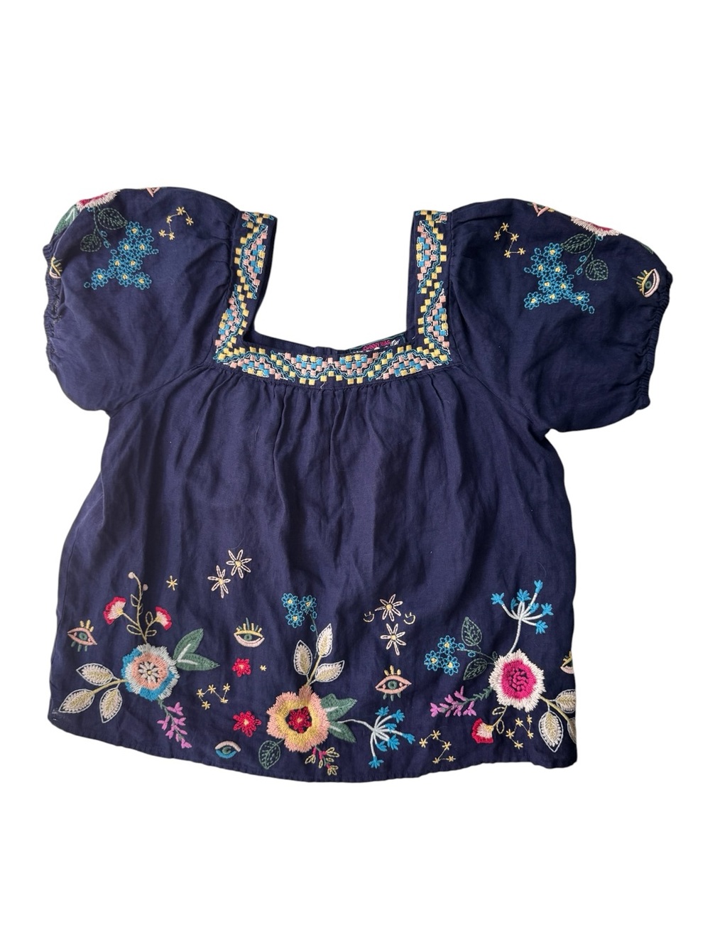 Johnny Was Navy Floral Embroidered Puff-Sleeve Top w/ back buttons Sz M